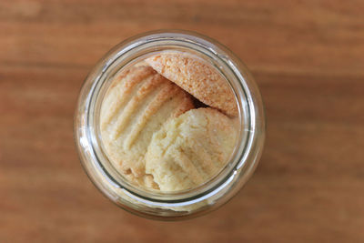 High angle view of breakfast in glass on table