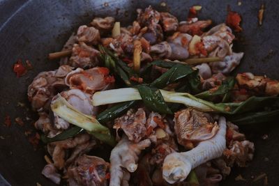 High angle view of meat in cooking pan