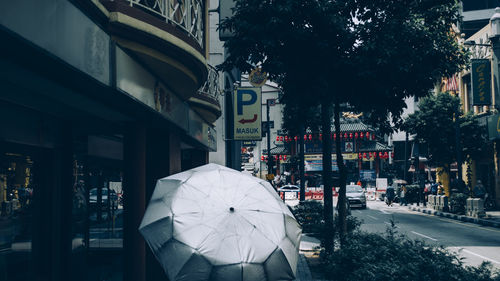 Rear view of man walking on street in city