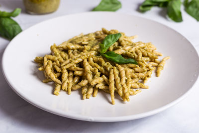 Trofie with pesto, italian pasta with basil sauce. pasta with pesto on a white background
