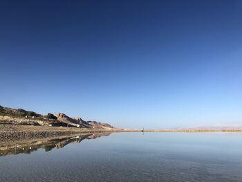 Scenic view of lake against clear blue sky