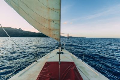 Sailboat sailing on sea against sky