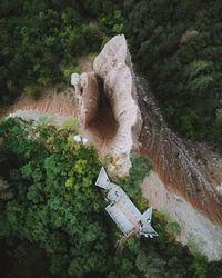 High angle view of rock formation amidst trees
