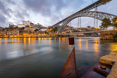 Bridge over river by buildings against sky