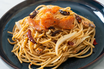 High angle view of noodles in plate on table