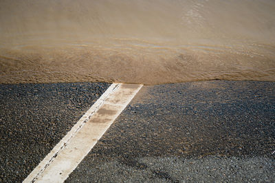 High angle view of road in floodwater due to heavy rains caused by hagibis on october 14, 2019.