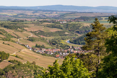 High angle view from the lemberg of niederhausen at river nahe, rhineland-palatinate, germany