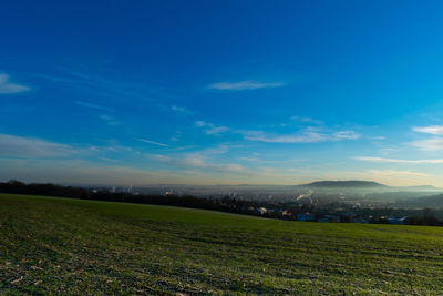 Scenic view of agricultural field against blue sky