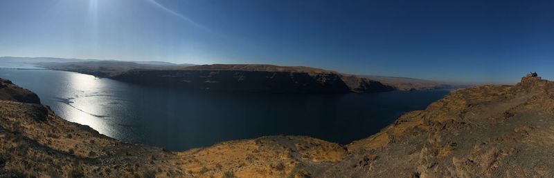 Panoramic view of mountains against clear blue sky