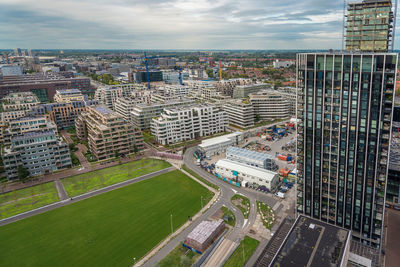 High angle view of buildings in city