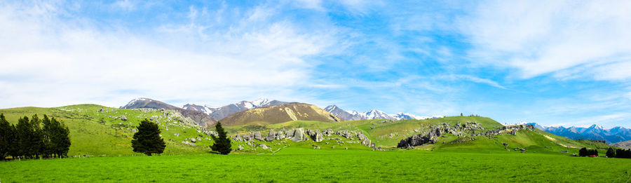 Scenic view of grassy field against cloudy sky