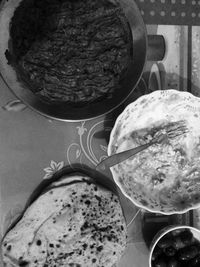 High angle view of bread in plate on table