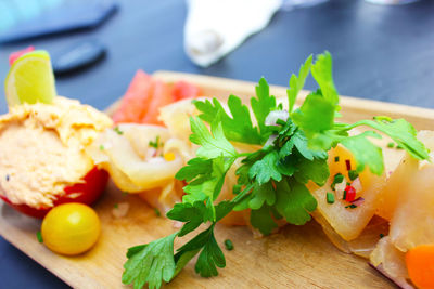 Close-up of salad served on table