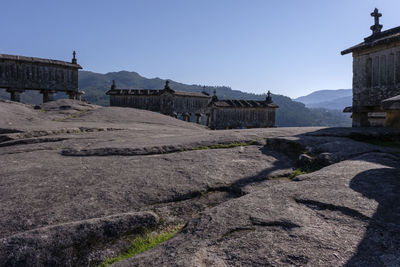 Scenic view of espigueiros in soajo village.