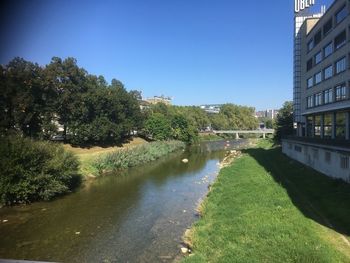 Canal amidst buildings against clear sky