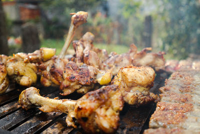 Close-up of meat on barbecue grill