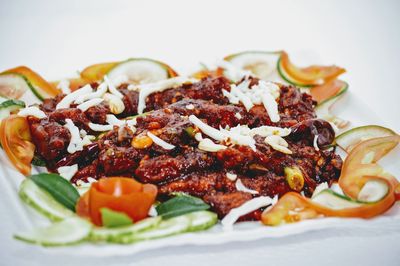 Close-up of pasta served in plate