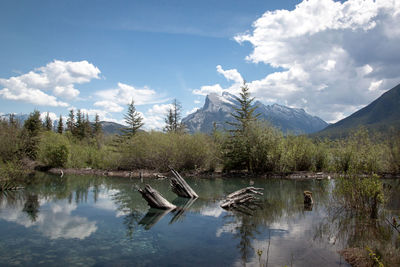 Scenic view of lake against sky with mt rundle in background 