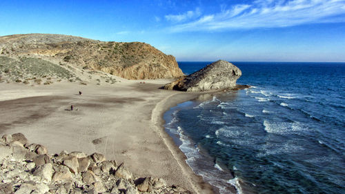 Scenic view of beach against blue sky