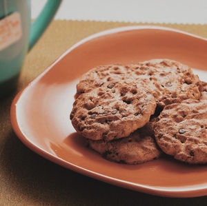 High angle view of cookies in plate on table