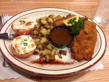 High angle view of serving food in plate