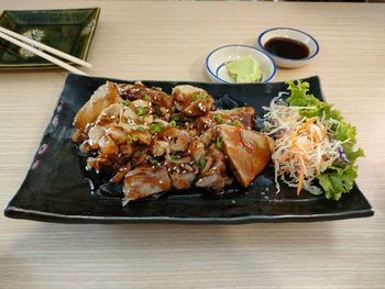High angle view of food served on table