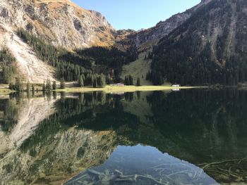 Scenic view of lake and mountains against sky