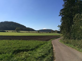 Scenic view of grassy field against blue sky