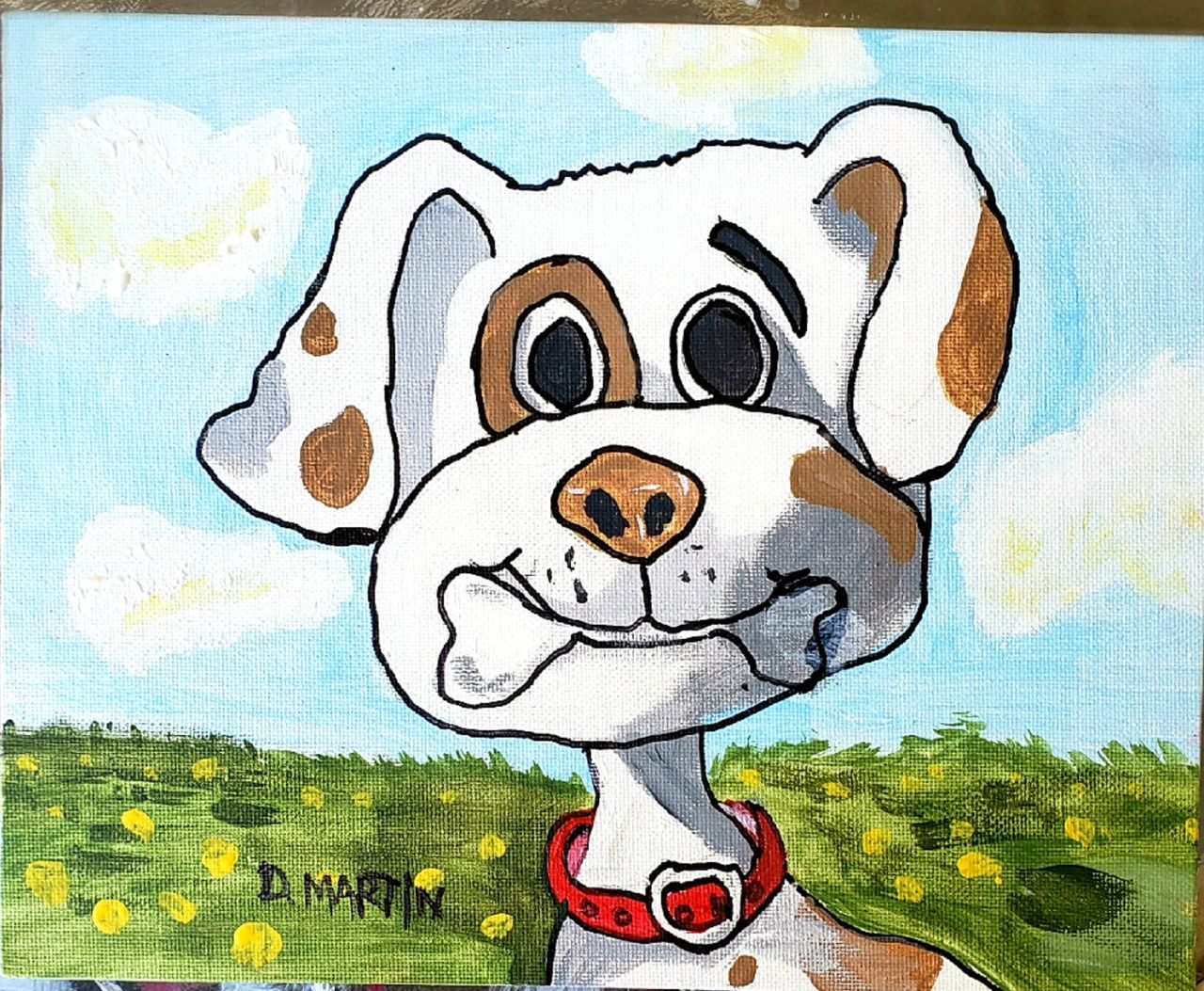 cartoon, dog, painting, animal, smiling, nature, animal themes, cloud, mammal, men, sky, adult