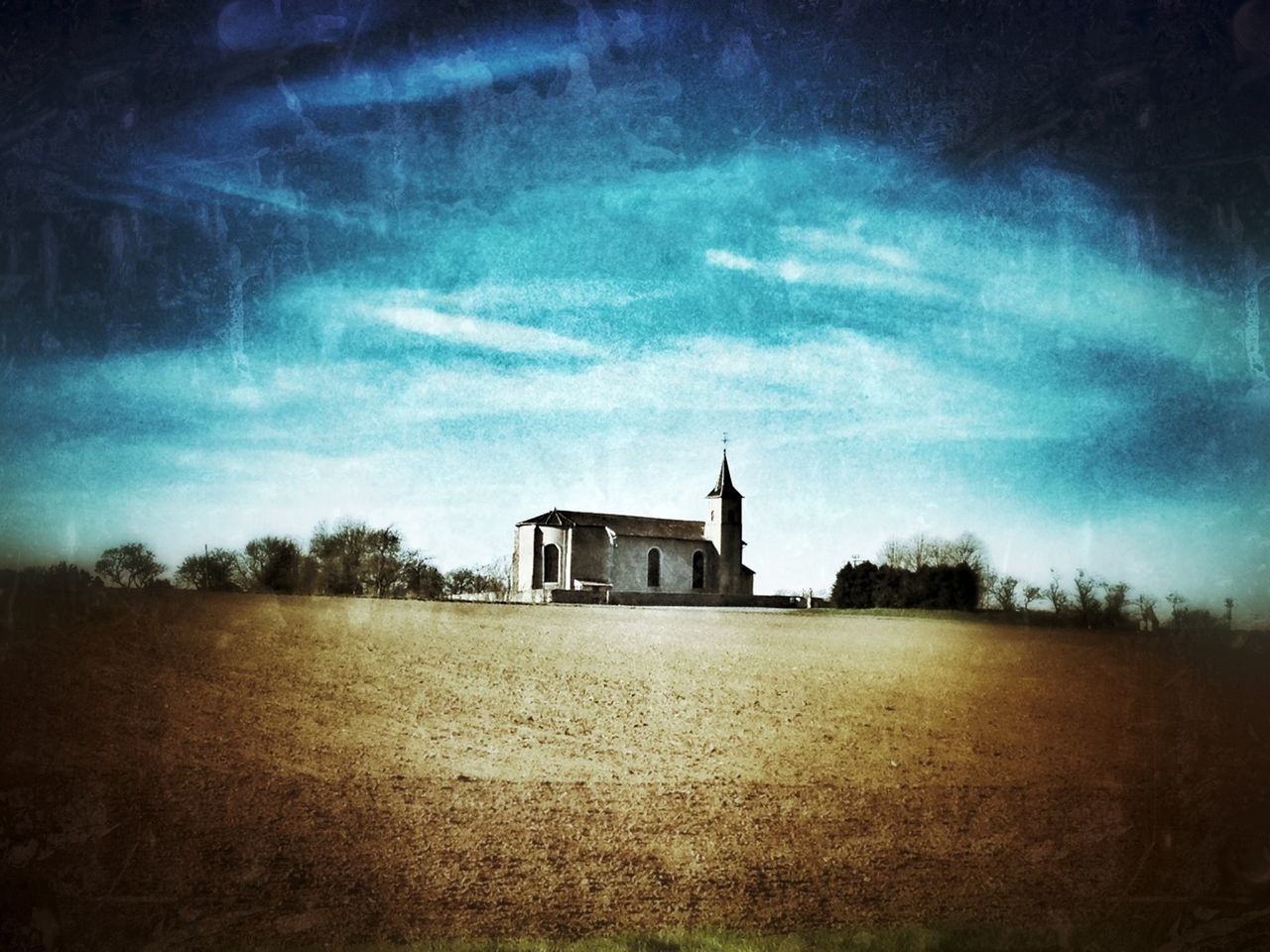 built structure, architecture, building exterior, sky, cloud - sky, field, tree, religion, cloud, church, house, cloudy, landscape, spirituality, nature, tranquility, place of worship, tranquil scene, rural scene