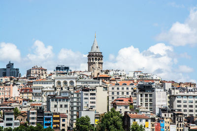 Buildings in city against cloudy sky