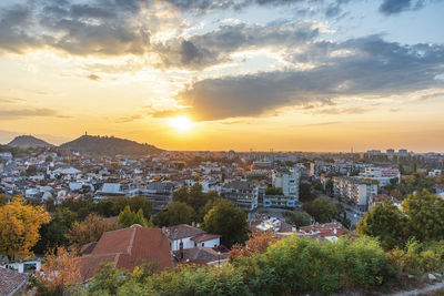 High angle view of townscape against sky during sunset