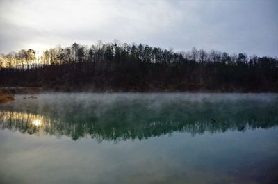 Scenic view of lake in forest against sky