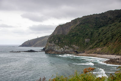 Scenic view of sea and mountains against sky