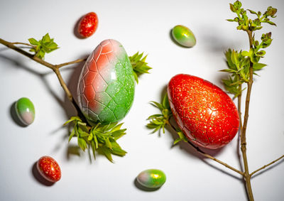 High angle view of strawberries on table