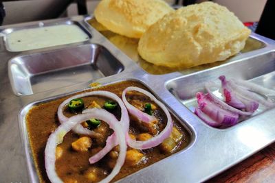 High angle view of food in plate on table