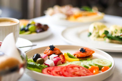 Close-up of food served on table