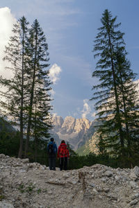 Rear view of people walking on mountain against sky