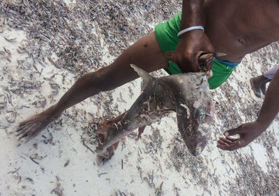 Low section of man on beach with caught fish