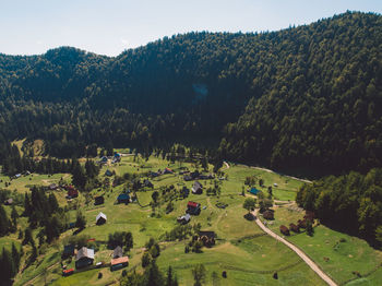 High angle view of trees on field against sky