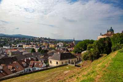 High angle view of townscape against sky