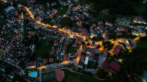 High angle view of illuminated cityscape