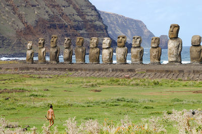 Sculptures by field at ahu tongariki