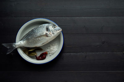 High angle view of fish in bowl on table