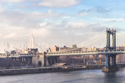 View of suspension bridge against cloudy sky