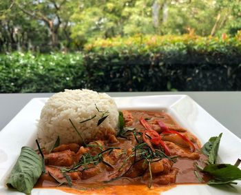 Close-up of meal served on table