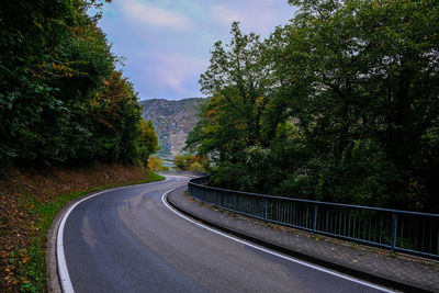 Empty road amidst trees against sky