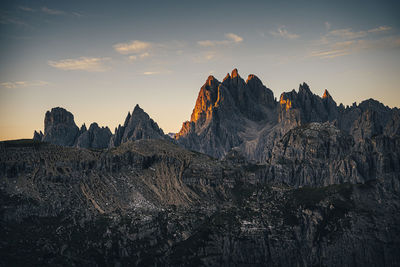 Panoramic view of rocky mountains against sky during sunset