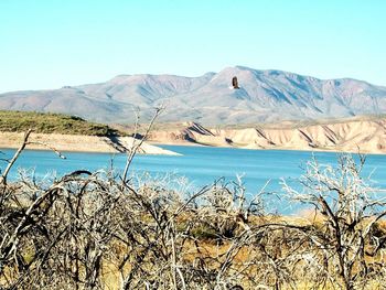 Scenic view of lake and mountains against sky