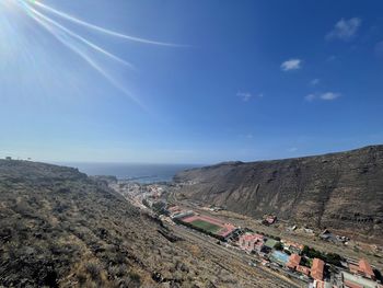 High angle view of land against sky